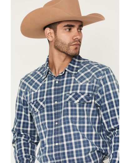 Cody James Men's Conaway Denim Plaid Print Long Sleeve Snap Western Sh