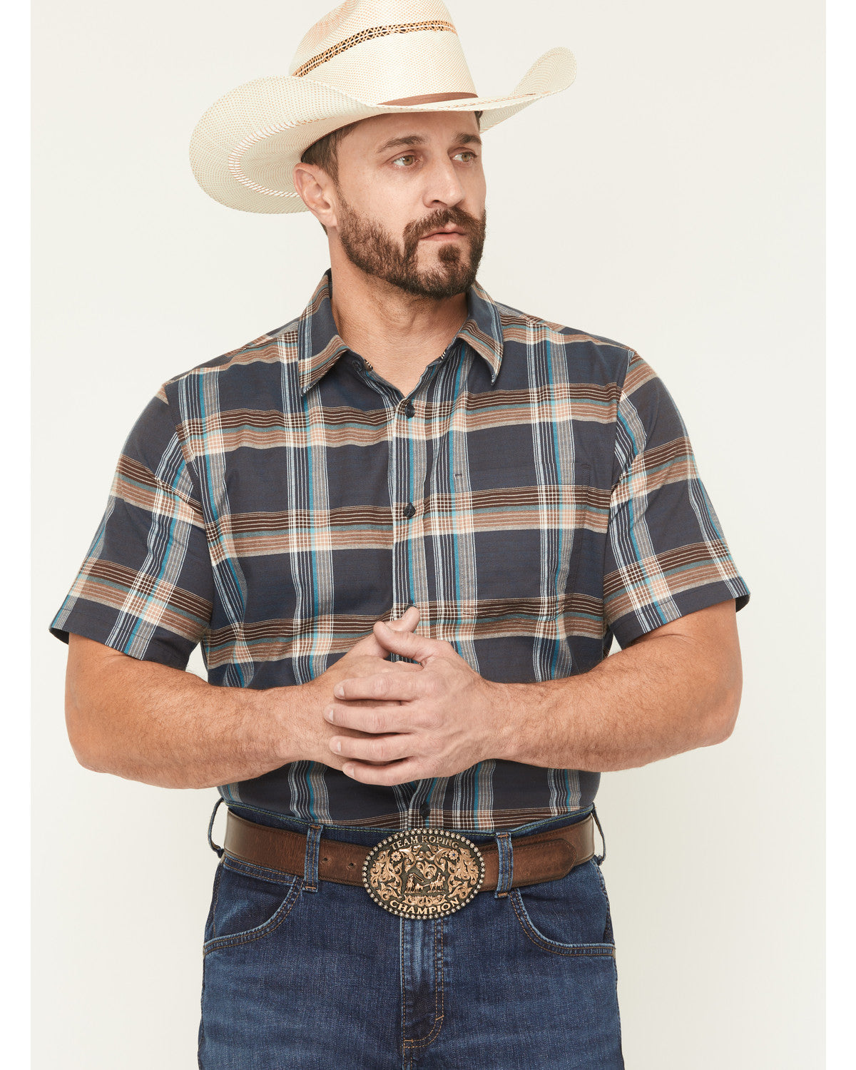 Cody James Men's High Plains Ranch Plaid Print Short Sleeve Button-Dow