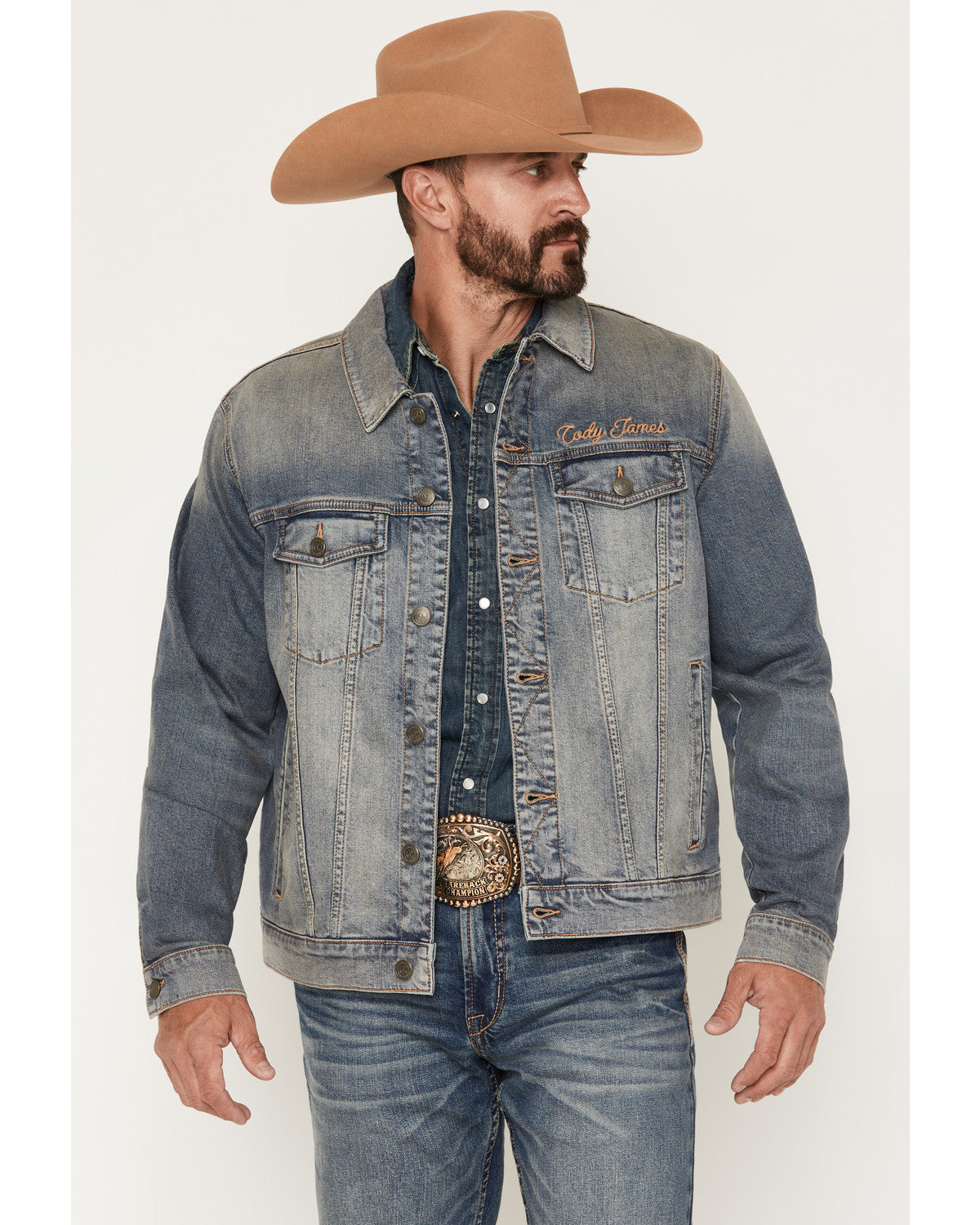 Cody James Men's Medium Wash Americana Patch Button-Down Stretch Denim