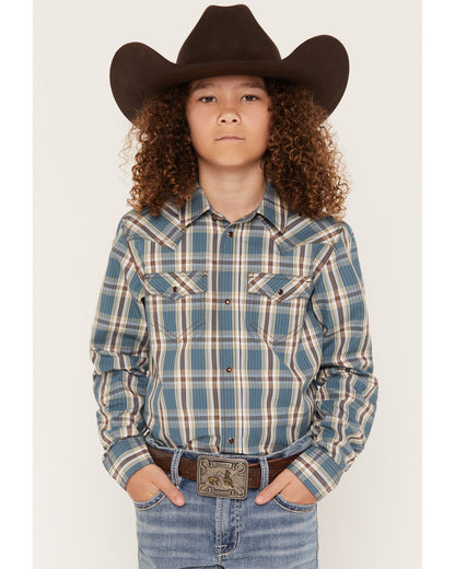 Cody James Boys' Niagra Falls Plaid Print Long Sleeve Snap Western Shi