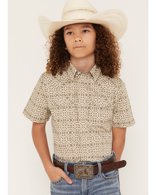 Cody James Boys' Mind Trap Geo Print Short Sleeve Pearl Snap Stretch W