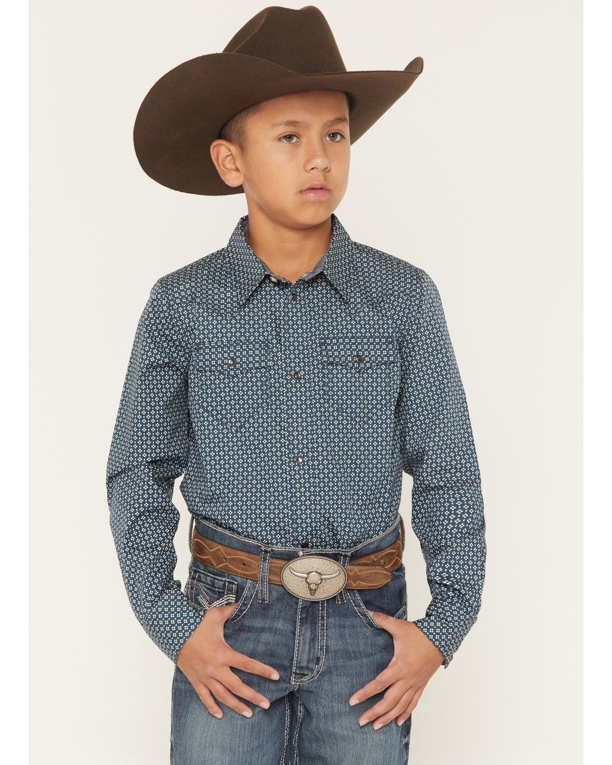 Cody James Boys' Bourbon Geo Print Long Sleeve Pearl Snap Western Shir