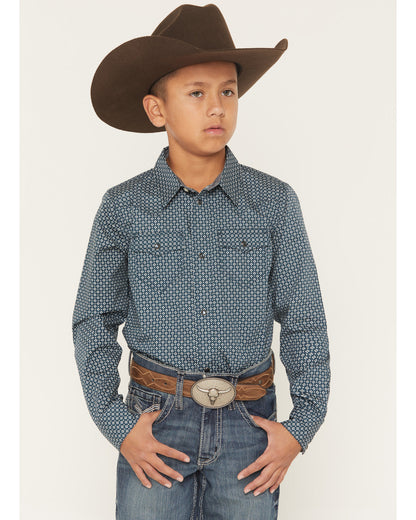 Cody James Boys' Bourbon Geo Print Long Sleeve Pearl Snap Western Shir