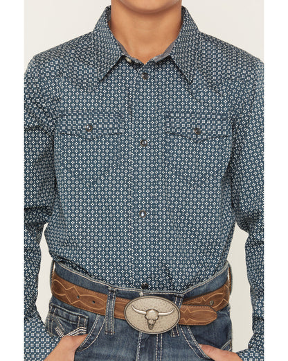 Cody James Boys' Bourbon Geo Print Long Sleeve Pearl Snap Western Shir
