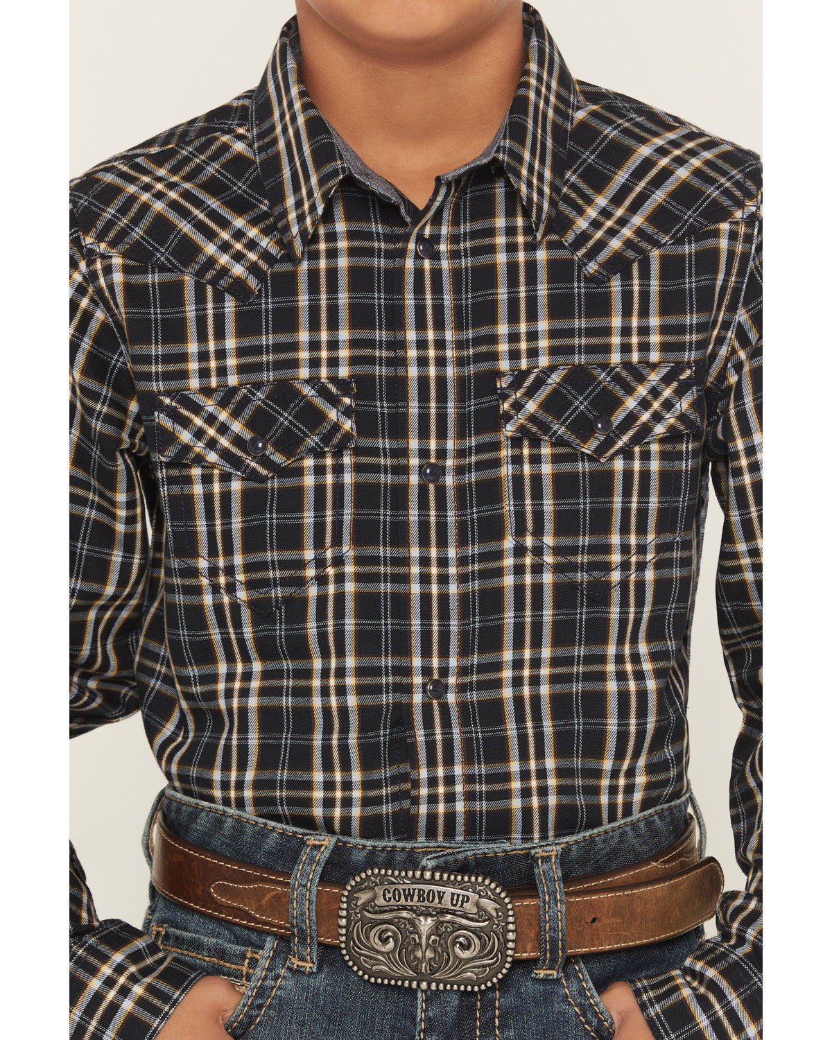 Cody James Boys' Warriors Way Plaid Print Long Sleeve Snap Western Shi
