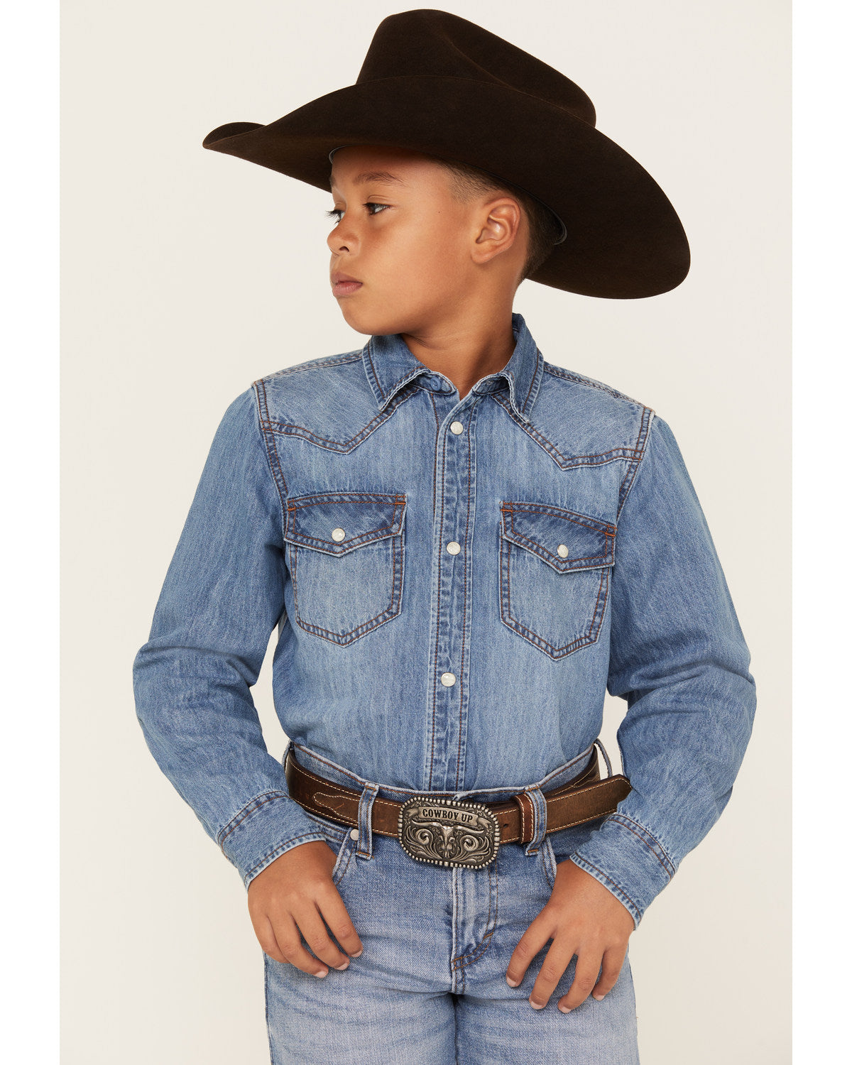 Cody James Boys' Cave Creek Long Sleeve Pearl Snap Western Denim Shirt