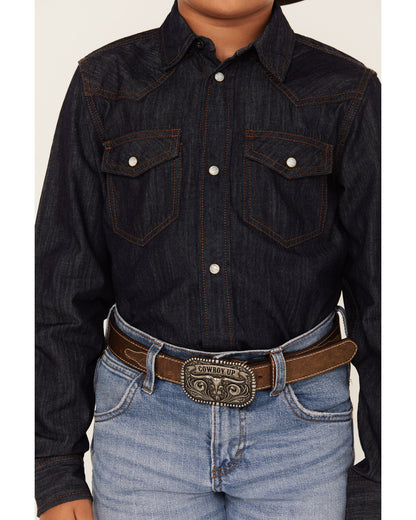 Cody James Boys' Cave Creek Long Sleeve Pearl Snap Western Denim Shirt