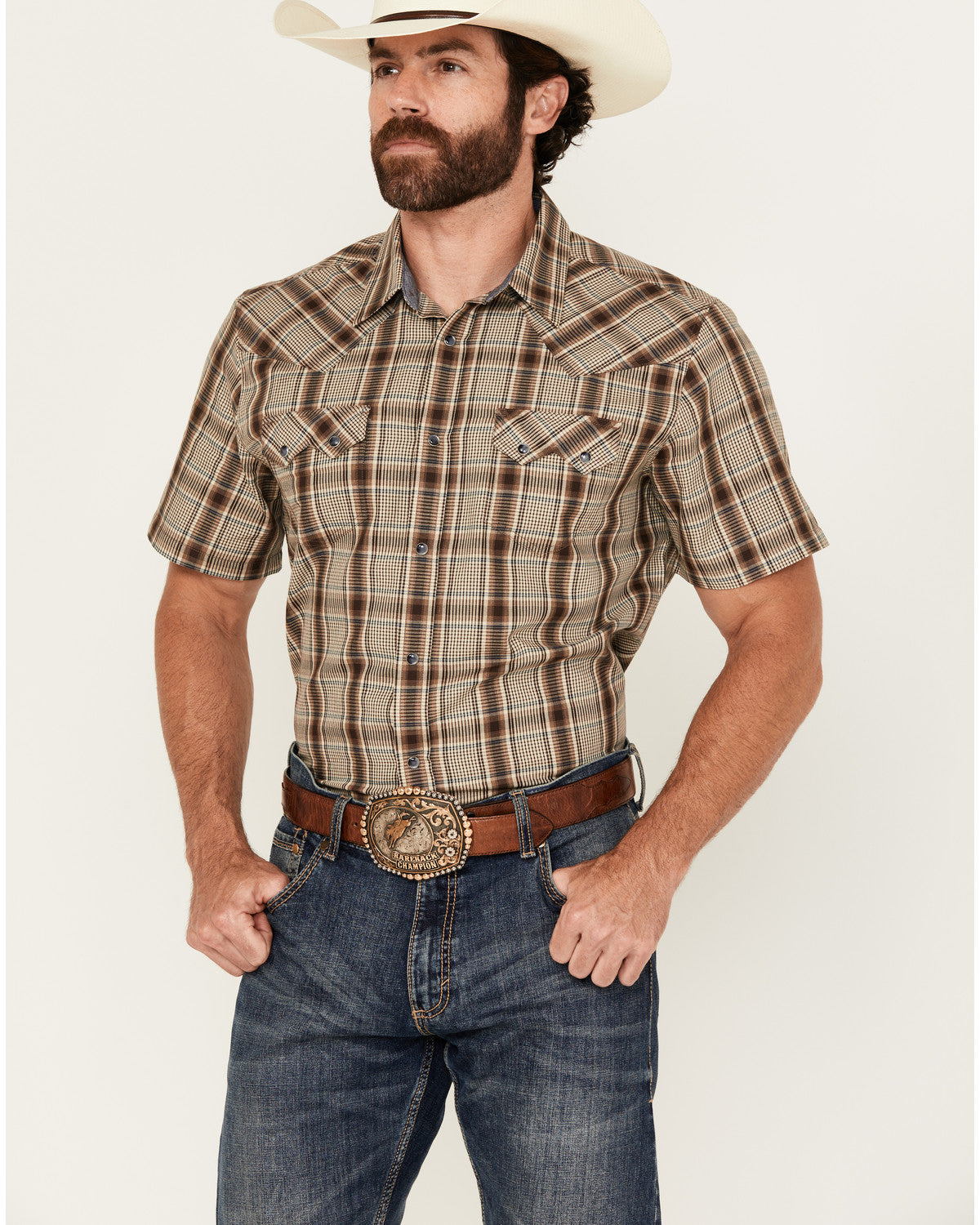 Cody James Men's Poncho Plaid Print Short Sleeve Snap Western Shirt