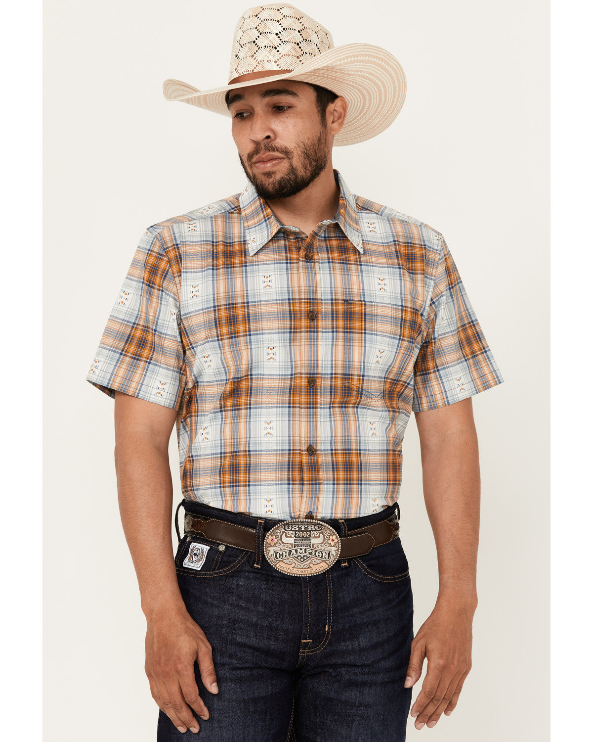 Cody James Men's Spur Dobby Plaid Print Short Sleeve Button-Down Stret