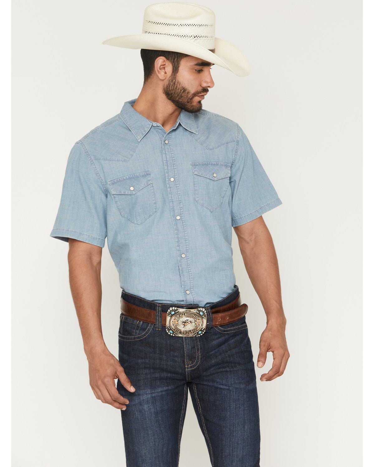 Cody James Men's Horizon Chambray Light Wash Short Sleeve Snap Western