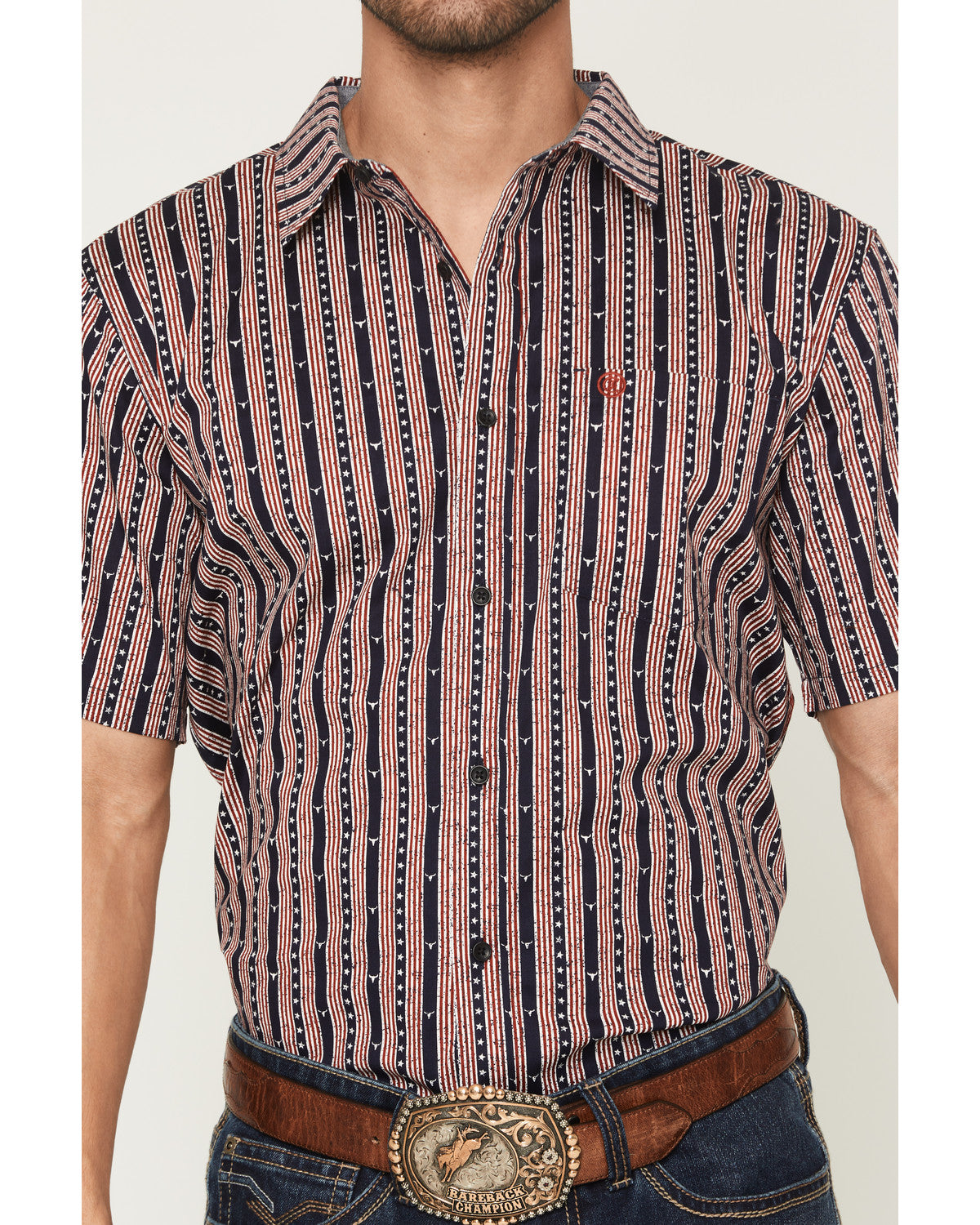 Cody James Men's Stripe Steerhead Short Sleeve Button-Down Stretch Wes