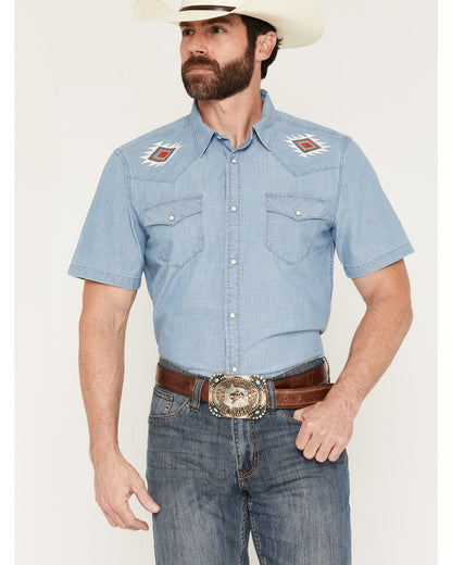 Cody James Men's Tucson Embroidered Denim Short Sleeve Snap Western Sh