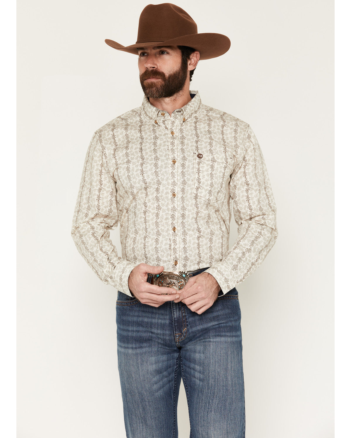Cody James Men's Hickory Floral Stripe Print Long Sleeve Button-Down S