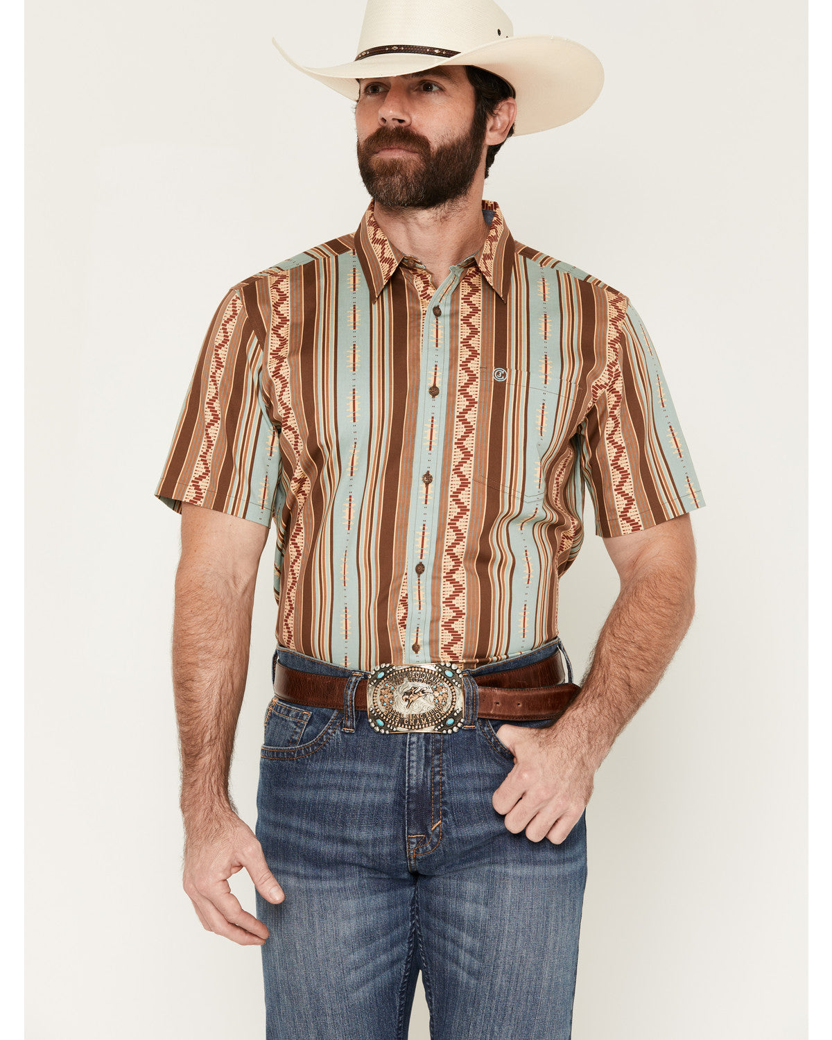 Cody James Men's Southwestern Stripe Print Short Sleeve Button-Down St